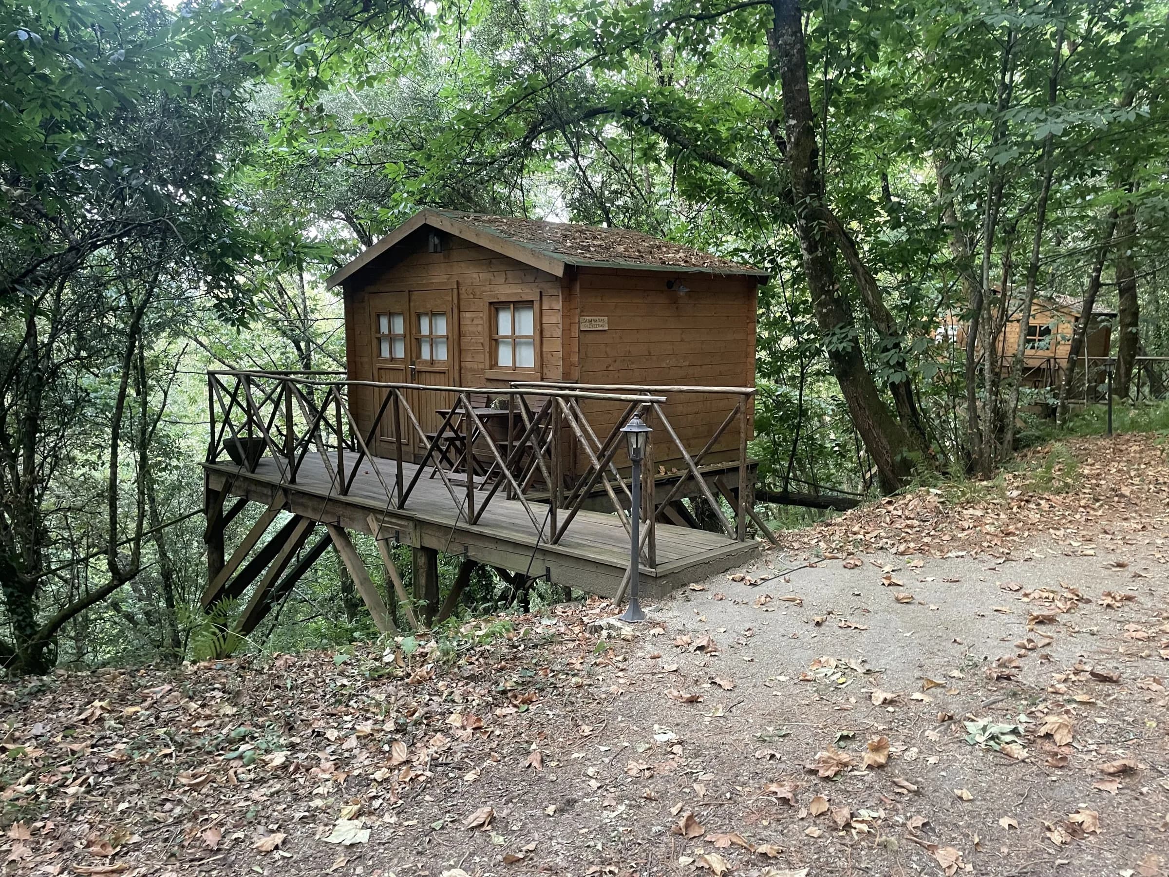 A cabana elevada sobre a encosta do bosque